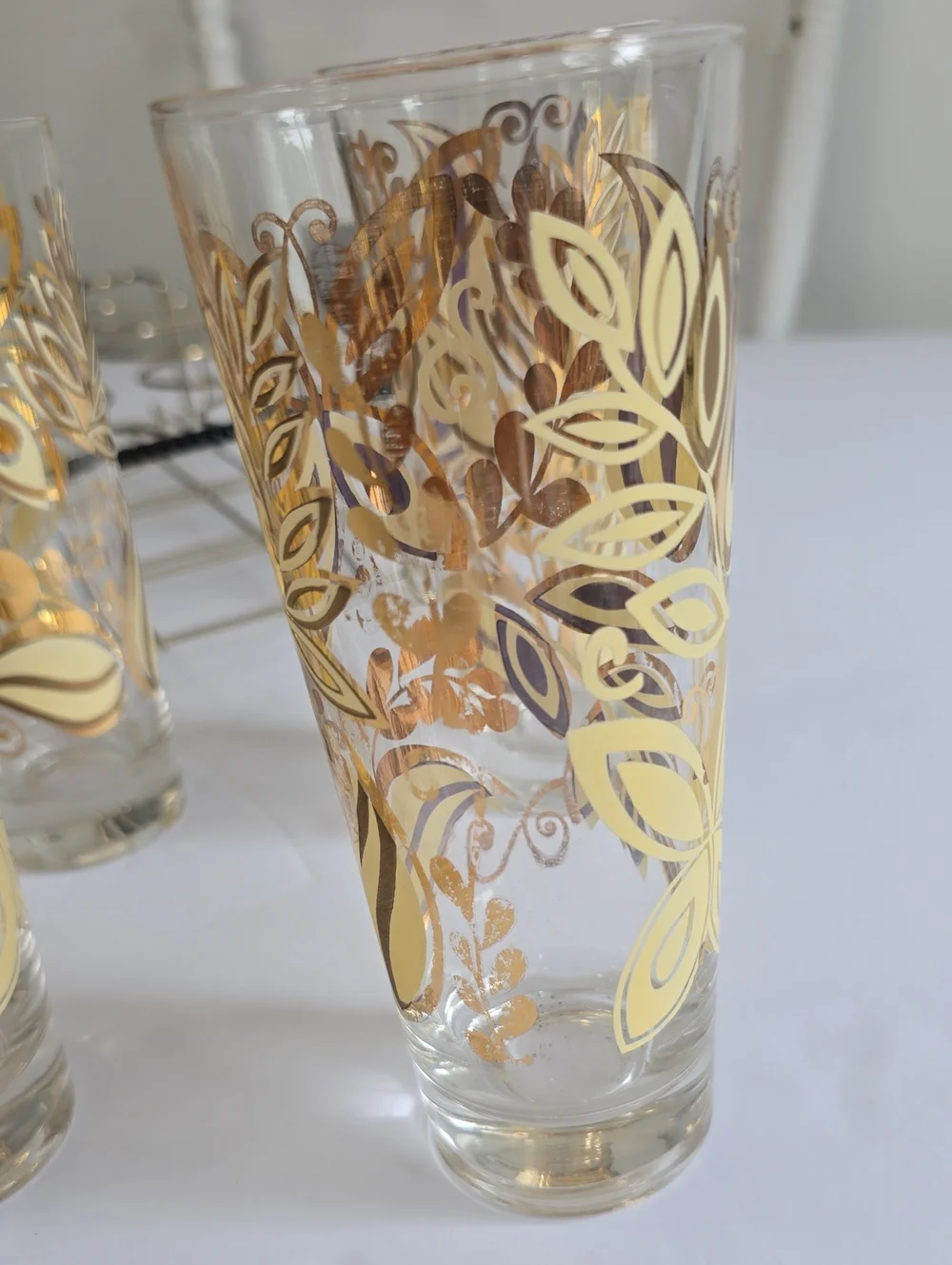 Vintage MCM Set Of 8 Gold Butterfly Leaf Botanical Tumblers With Carrier 12 Oz